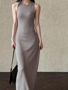 2025 buena calidad mujeres verano sin mangas Plaid vestido largo cuello redondo ajustado ceñido elegante Maxi vestido Vestidos ropa - Product Image 2