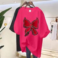Atasan Wanita Longgar Bermotif Rhinestone, Kaos Wanita Musim Panas Lengan Pendek Bermotif Rhinestone dengan Pita Cantik