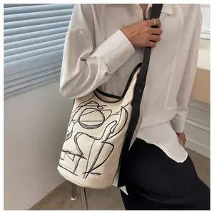 Korean style Fashion Summer Abstract Line Canvas Shoulder Bag Simple Graffiti Paint Portable Tall Bucket Boho Shopping Bag