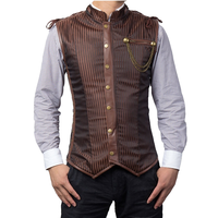 Corset en satin rayé marron à col mandarin avec chaînes pour homme, grande taille, style steampunk gothique vintage, avec baleines en acier et fermeture éclair, longueur standard