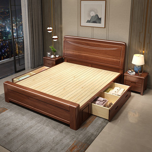 Modern Simple Chinese Style Walnut Thickened Solid Wood 1.8 Meters Double <strong>Bed</strong> with High <strong>Box</strong> <strong>Storage</strong> Soft <strong>Bed</strong> - Product Image 3