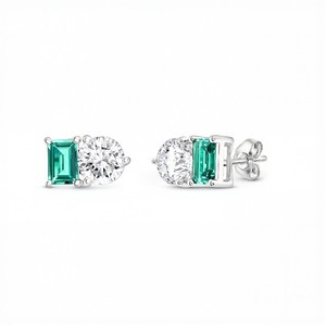 Luxury Round & Emerald Lab Grown Diamond <b>Stud</b> Earrings with 925 Sterling Silver <b>Titanium</b> 10K 14K 18K Gold Elegant Fine Jewelry - Product Image 3