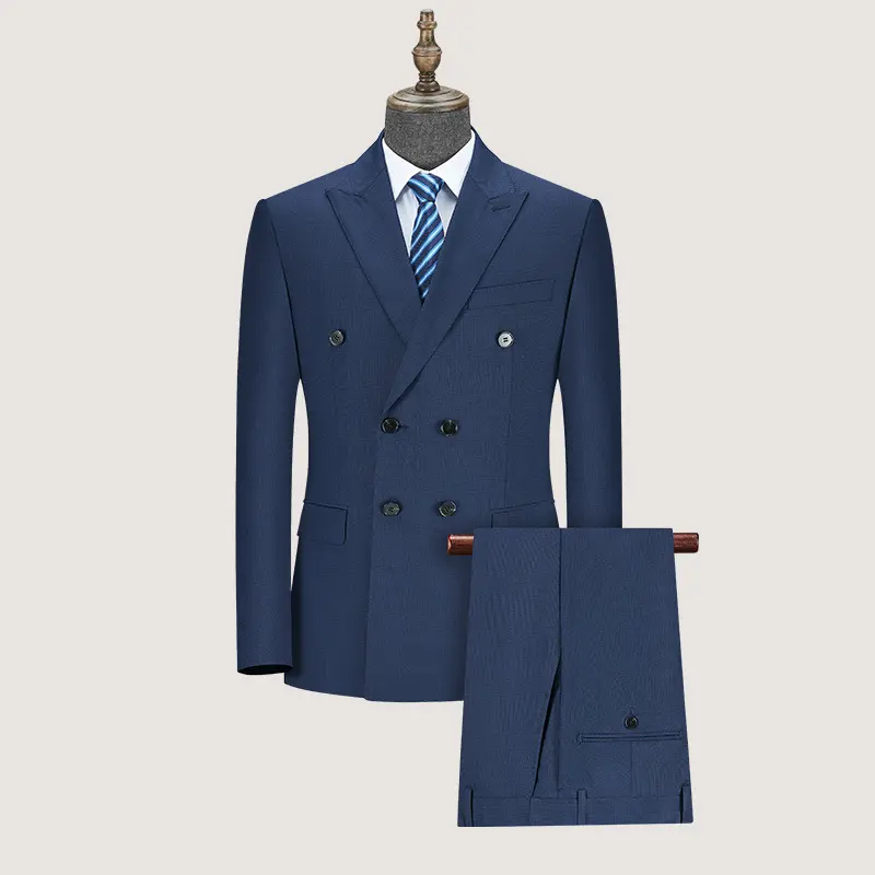 New Mens Formal Suits Navy Blue Two Breasted Flat Lapel Collar Wool Blazer Suits