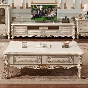 Mesa de centro de mármol blanco de alta calidad, acabado de hoja dorada tallada a mano, superior, estilo europeo