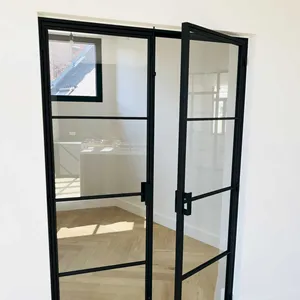 Pintu Kaca Ayunan Tingkap Prancis Baja Dalam Ruangan Modern Pembagi Dinding Kaca Internal Pintu Prancis Berbingkai Logam Interior