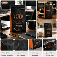 Sachet d'emballage pour grains de café imprimé sur mesure, directement de l'usine, 500g, fond plat, doublure en aluminium, avec valve et fermeture éclair, pour café de spécialité