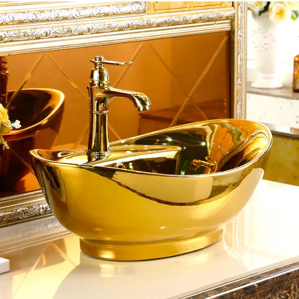Royal style luxury ceramic hand wash basin countertop lavabo art basin gold countertop bathroom vessel sink