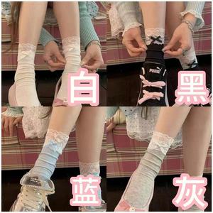 Chaussettes en dentelle pour femmes, mi-mollet, avec nœud, respirantes, en maille de polyester, pour le printemps et l'été, style tendance - Product Image 4