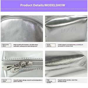 Ensemble de trois pièces haut de gamme en cuir PU souple argenté avec fermeture éclair, sac de voyage cosmétique portable et imperméable - Product Image 2