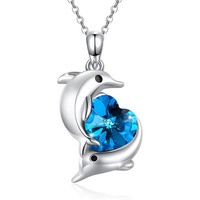 Pedido Mínimo 2 - Serie Delfín - Collar con Colgante de Delfín en Forma de Corazón con Pedrería Azul, Joyería de Moda con Diseño de Corazón Oceánico, Regalo