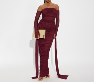 GX-2026 时尚优雅纯色一字肩长袖百褶网眼镂空修身连衣裙 - Product Image 1