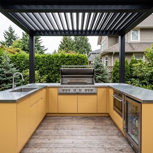 Set di Mobili da <span class=keywords><strong>Cucina</strong></span> per Esterni a Forma di U in Acciaio Inox Giallo <span class=keywords><strong>Senape</strong></span> Hyrley OEM per Pergola con Griglia a Gas, Lavello, Forno e Frigorifero - Product Image 1