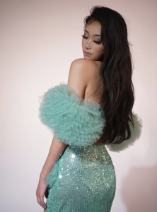 Robe de bal élégante haut en <span class=keywords><strong>satin</strong></span> <span class=keywords><strong>jupe</strong></span> à paillettes ensemble glamour épaules dénudées deux pièces vêtements pour femmes hauts d'été respirants - Product Image 6