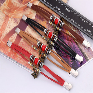 Gelang kulit sapi asli trendi, gelang kulit asli, gelang pesona kupu-kupu dan berlian, gelang manik-manik kulit sapi Retro Eropa dan Amerika - Product Image 2