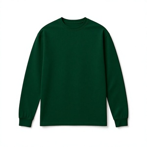 T-shirt en coton biologique 100 % pour homme, vert foncé, à manches longues, col rond, tricoté, uni, décontracté, écologique, avec broderie frontale, pour le quotidien - Product Image 1