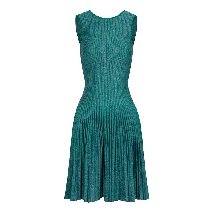 Knitwear manufacturers custom summer new green sleeveless round neck backless style sexy pleated knit sweater women dress