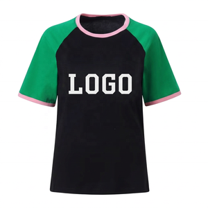 T-shirt décontracté pour femme, col rond, manches courtes, raglan, noir et vert, jersey respirant, 100% coton, coupe classique, printemps-été - Product Image 1