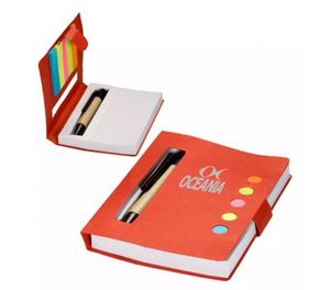 Bloc-notes adhésif Eco Mini Stowaway avec stylo, 5 marque-pages adhésifs néon assortis, papier cartonné perforé, stylo intégré dans une fente découpée - Product Image 1