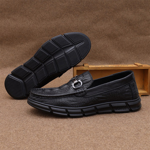 Mocassins pour hommes AIBUOIS à imprimé crocodile, bout rond, en cuir véritable, semelle en caoutchouc, confortables, à enfiler, chaussures décontractées - Product Image 2