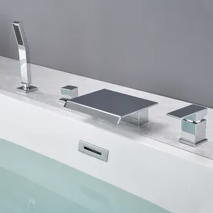 Good quality widespread brass 4 holes deck mounted waterfall bathtub faucet set chrome bath tub filler