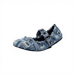 Women's Toe Denim Ballet <b>Flats</b> Ripped Distressed Lightweight Elasticated Collar Buckle Strap Metal Studs Summer Spring Extended - Product Image 2