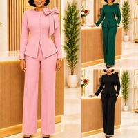 D3390 Ensemble tailleur tendance pour femme, tenue de bureau, blazer ajusté et pantalon large, ensemble 2 pièces formel avec nœud