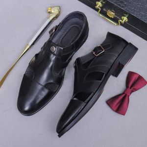 Sandales en cuir véritable pour homme à bride en T, bout pointu, boucle, classiques, noires unies, respirantes, toutes saisons - Product Image 1