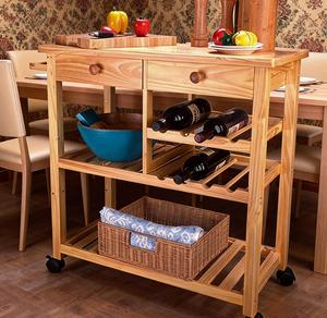 Chariot de cuisine en bois à <span class=keywords><strong>roulettes</strong></span> <span class=keywords><strong>avec</strong></span> étagères de rangement et porte-bouteille - Product Image 3