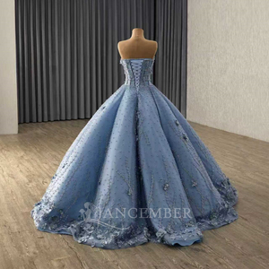 Robe de soirée bleue sans bretelles Rsm251121 avec appliques, perles, dos lacé, personnalisable, robe de bal de luxe Jancember - Product Image 4