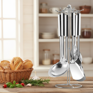 Juego de utensilios de cocina de acero inoxidable, cuchara de cocina, espátula, colador, con soporte, 7 Uds. - Product Image 2