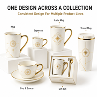 Mug à café en céramique blanche de luxe avec anse dorée et motif géométrique boussole, idéal pour cadeau haut de gamme, OEM, ODM, vente en gros personnalisée