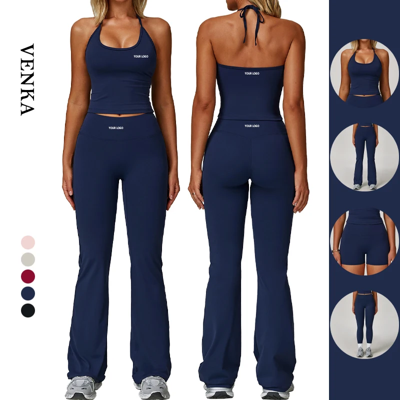 Wholesale Custom Halter Sports Tank Top With Breast Pads High Waist Butt Lift Shorts Leggings Flared Gym Fitness Yoga Set Women