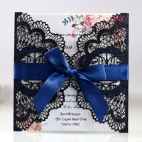 Carte d'invitation triplee carrée à paillettes argentées, cartes de mariage découpées au Laser avec ruban, vente en gros, livraison gratuite