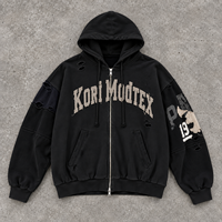 Sweat à capuche zippé streetwear pour homme, effet vieilli, avec appliqué brodé vintage, coupe oversize, grandes tailles