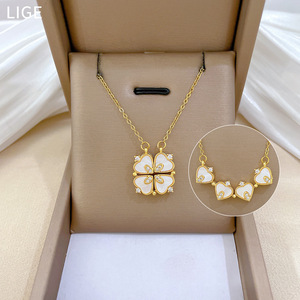 Collier pendentif trèfle à quatre feuilles pour femme, chaîne de clavicule en acier titane avec breloque cœur d'amour et fleur en diamant - Product Image 2