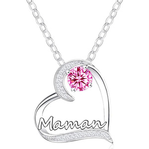 Collana con ciondolo a forma di cuore Maman, placcata in argento, con zirconi rosa, gioielli da donna, idea regalo - Product Image 1