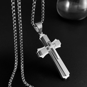 Vintage three-layer cross necklace, <b>titanium</b> steel domineering male decoration, engraved gift pendant - Product Image 2