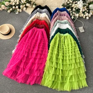 Spring Autumn Fairy Mesh Skirt For Women Elastic Waist Versatile Gauze Knee Length Skirt Female High Waist A Line Skirt