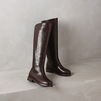 Bottes d'équitation d'hiver en cuir véritable à bout rond, à talon épais et hauteur genou