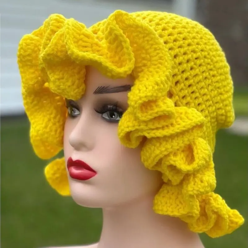 Sweet Girls Crochet Ruffled Brim Bucket Hat Ladies Fisherman Hat Exaggerated Teens Winter Windproof Winter Knitted Solid Hat