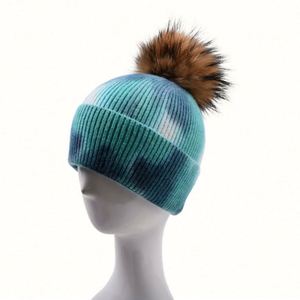Custom Embroidery Knitted Winter Acrylic <b>Tie</b> Dye Women Knitted Hats Beanie Hat With Pom Pom - Product Image 5