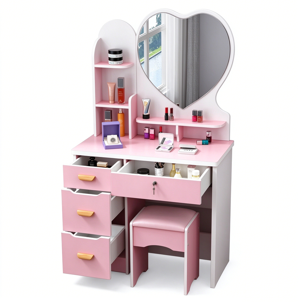 Compact Dressing Table Set Dressing Table Dressing Desk Makeup Vanity Set Heart Mirror Small ...