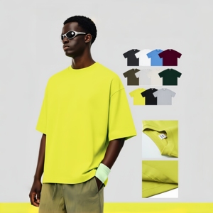 T-shirt pour homme en coton tissé 400 grammes, coupe ample vintage, col rond, séchage rapide, anti-rétrécissement, couleur unie - Product Image 1