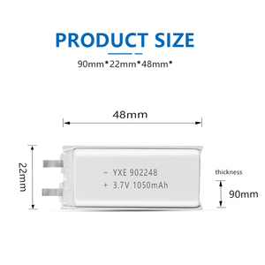 ผู้ผลิต OEM/ODM แบตเตอรี่ลิเธียมโพลิเมอร์แบบชาร์จได้ 3.7V/1050mah รุ่น 902248 แบตเตอรี่ลิเธียมไอออนขายดี - Product Image 2