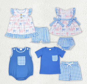 Ensembles d'été pour bébés filles et enfants : hauts à volants motif ferme et fleurs, shorts à carreaux - Product Image 3