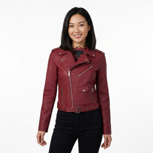 Veste de motard en similicuir tricoté pour femme, fermeture éclair rouge, coupe-vent, vêtement d'extérieur d'hiver - Product Image 3