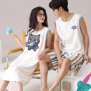 Verano hombres PJ mujeres pijamas a juego parejas vestido de noche para Pijama Femme E Homme <span class=keywords><strong>Coton</strong></span> sin manga pareja pijamas conjuntos - Product Image 3