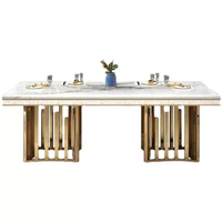 Table à manger rectangulaire de luxe Auxford, base en acier inoxydable doré moderne, plateau en marbre, huit places, pour hôtel et villa