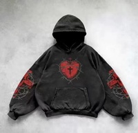 Ensemble sweat à capuche zippé vintage délavé pour homme avec motif anime, pull oversize et pantalon de jogging assorti, style punk urbain quotidien et skate