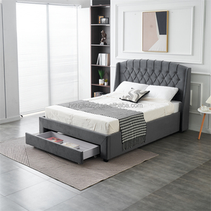 Cabecera de Diseño de Lujo con Botones y Respaldo Alto, Tapizada en Terciopelo Gris, Base de Cama Doble Queen Size con Cajón de Almacenamiento - Product Image 4